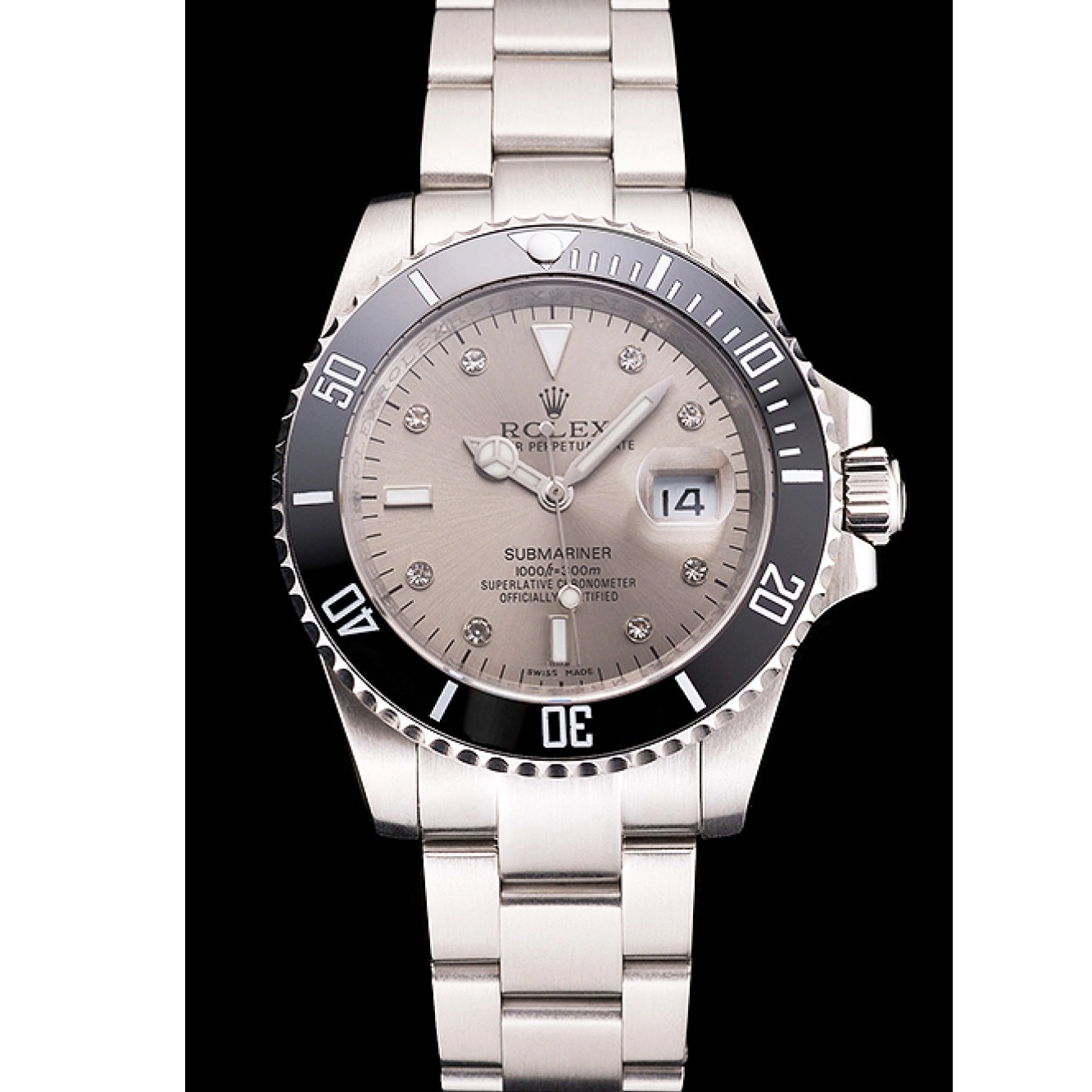 Aaa replica watch Stainless Diamond Swiss Silver Bezel Case Steel Rolex Markings Bracelet Submariner Black And Dial 0817